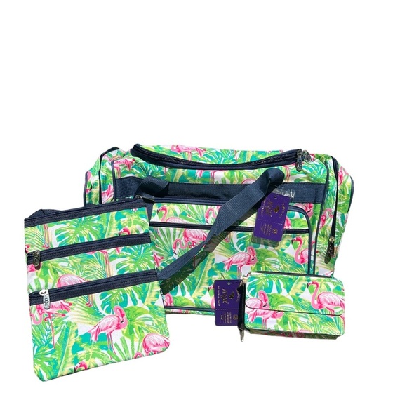 3 PIECE SET NGIL FLAMINGO ISLAND DUFFLE BAG 20"+CROSSBODY PURSE+WALLET - Picture 1 of 12